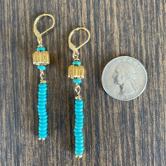 HAND CRAFTED EARRINGS Turquoise Rondelles Gold Plated Corrugated Beads - Picture 4 of 12